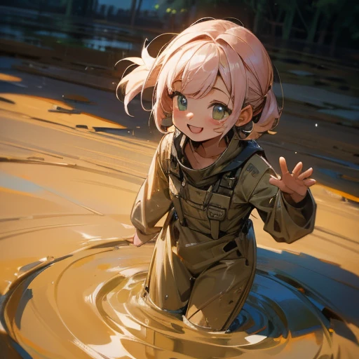 A young  with a cute smile is playing in the mud