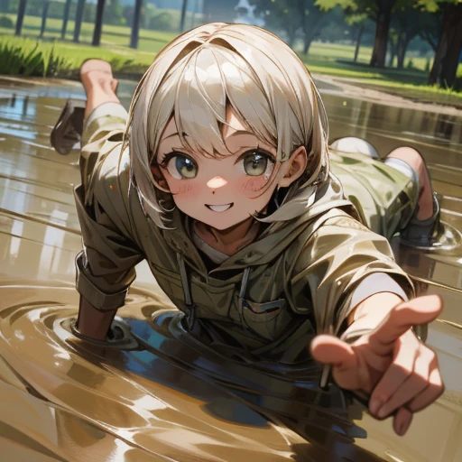 A young  with a cute smile is playing in the mud