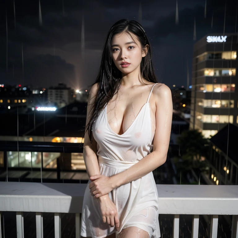 (highest quality、4K、High resolution)、Portrait、Beautifully detailed eyes、Perfectly shaped nose、Full and seductive lips、Shiny wet hair、A visually striking face、Ideal Body Proportions、A feminine and primitive see-through dress、Stand on a rooftop and look out over the city skyline、Tall modern skyscrapers、There was a strong wind blowing.、From the dark clouds((A lot of rain is falling:1.6))、(motion blur effect)、Dramatic lightning lit up the sky、My wet clothes were sticking to my body、Standing gracefully and confidently on the rooftop、Dresses fluttering in the wind、Eyes staring straight into the camera lens、It creates a fascinating and powerful connection.、natural breast、