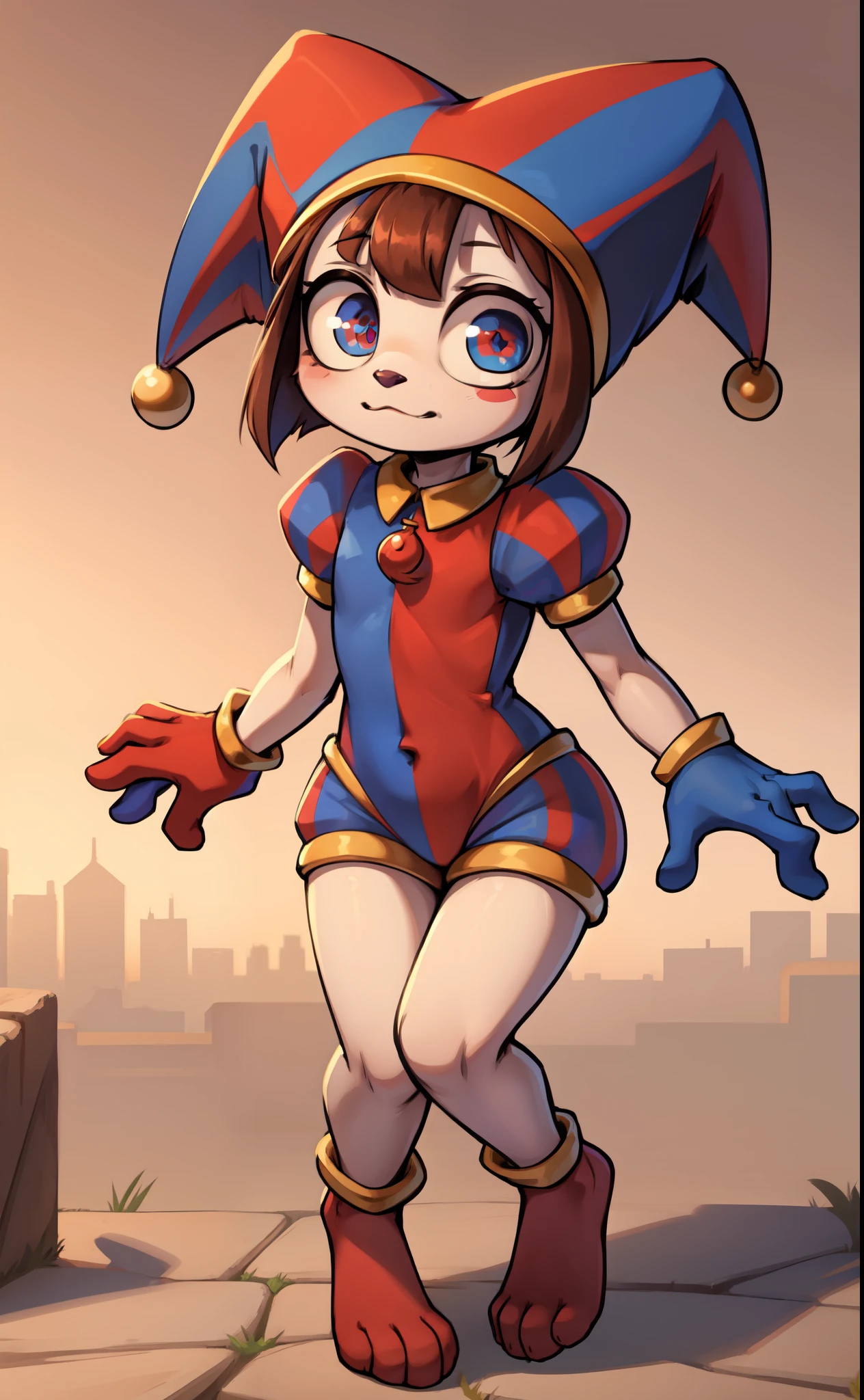 Furry girl, young, cat, pink cheeks, brown hair, short rect hair, rect bangs, white body fur, detailed body fur, detailed body, detailed face, detailed eyes, skinny, high quality, masterpiece, glistering body, shiny body, ((jester cap, gloves, puffy short sleeves, red eyes and blue eyes, striped)), black eye shadows, :3, full body, feets with three toes, 3 toes, skinny,