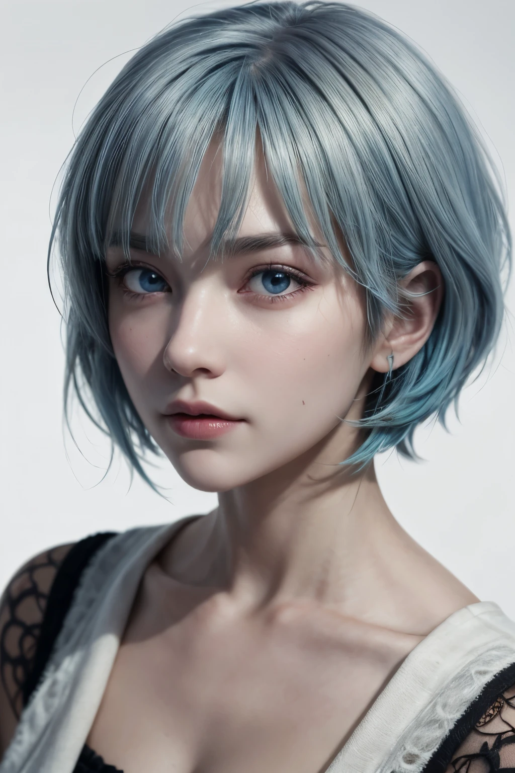 Masterpiece, Best Quality, 8K, Detailed Skin Texture, Detailed Cloth Texture, Beautiful Detail Face, Intricate Detail, Ultra Detailed, Portrait of Rei Ayanami, Blue Hair, Red Eyes, Looking Afar, No Background