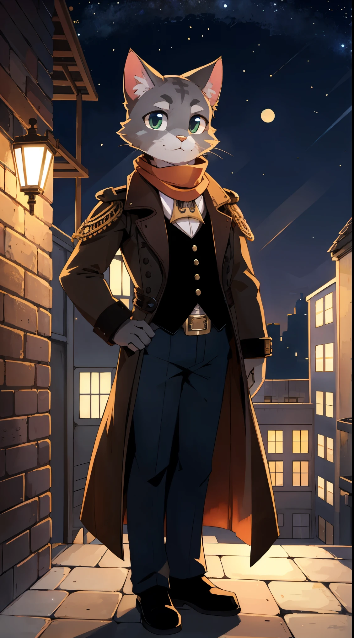 a full body, anthropomorphic old adult cat wearing steampunk long coat and a scarf, cute face , posing for a picture in a hill at night with a city in the far distance