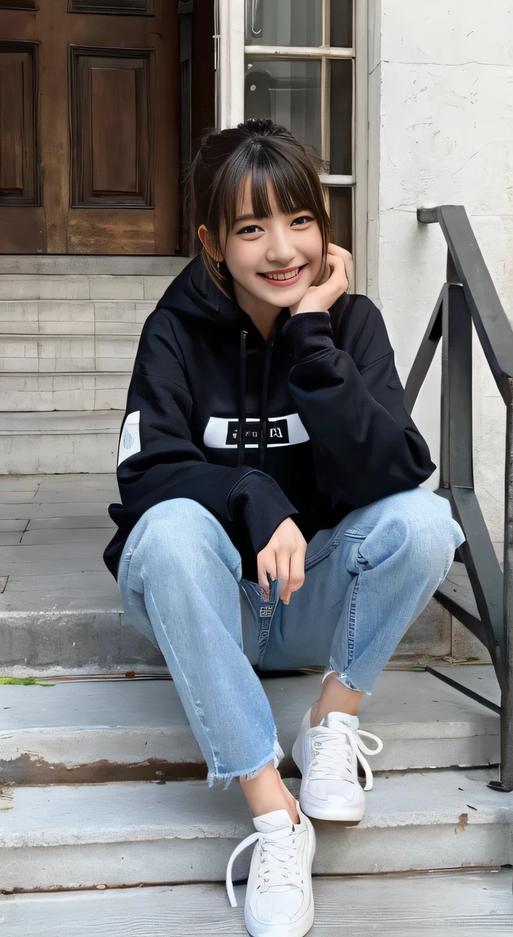 highest quality, Realistic, Very detailed, Finer details, High resolution, 8k wallpaper, One beautiful woman,Sit on the stairs、smile、(Beautiful teeth alignment、)(Gums are visible) Oversized hoodie, Skinny jeans,( Black sneakers)、Black Hair、 Beautiful Bangs、ear piercing、Perfect dynamic composition, Beautiful and detailed, Full Body Shot, A big smile waiting to start