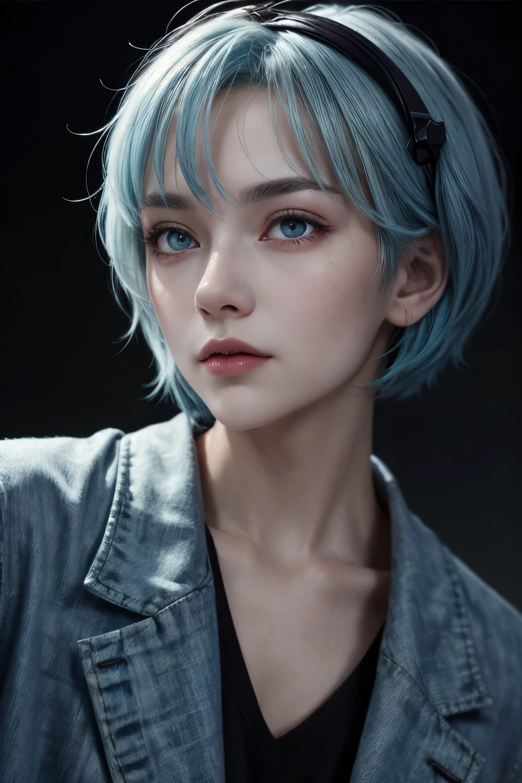 Masterpiece, Best Quality, 8K, Detailed Skin Texture, Detailed Cloth Texture, Beautiful Detail Face, Intricate Detail, Ultra Detailed, Portrait of Rei Ayanami, Blue Hair, Red Eyes, Looking Afar, No Background