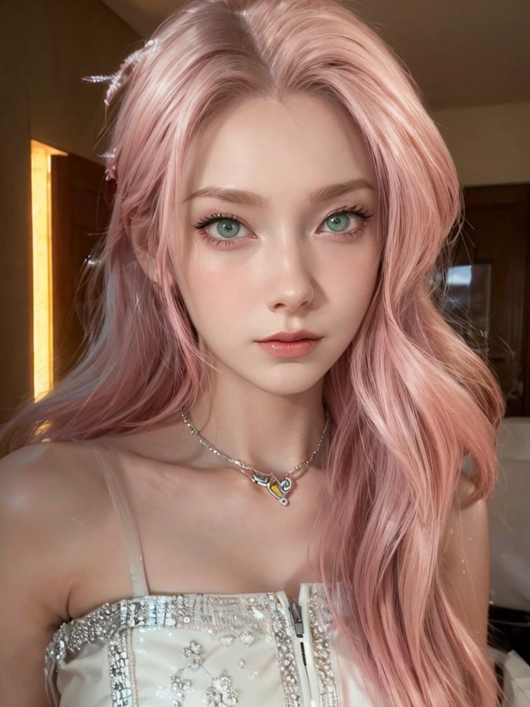 young woman, short shoulder-length pink hair, wide forehead, porcelain skin, pink eyebrows, big emerald green eyes, buttoned nose, full lips, heart-shaped face, slender body, small breasts, red tank top, Sakura Haruno , realistic, realism, details, 3d, well detailed
