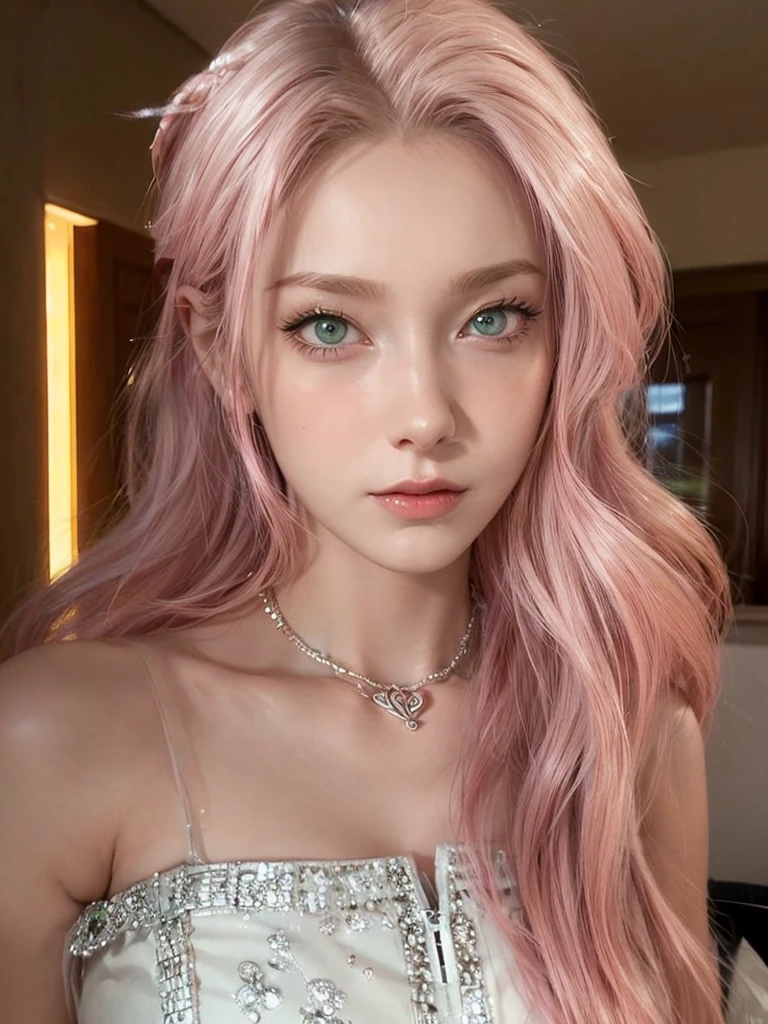 young woman, short shoulder-length pink hair, wide forehead, porcelain skin, pink eyebrows, big emerald green eyes, buttoned nose, full lips, heart-shaped face, slender body, small breasts, red tank top, Sakura Haruno , realistic, realism, details, 3d, well detailed