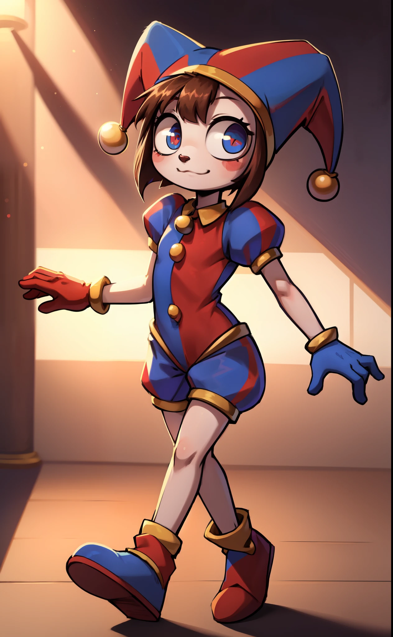 Furry girl, young, cat, pink cheeks, brown hair, short rect hair, rect bangs, white body fur, detailed body fur, detailed body, detailed face, detailed eyes, skinny, high quality, masterpiece, glistering body, shiny body, ((jester cap, gloves, puffy short sleeves, red eyes and blue eyes, striped, red shoes)), black eye shadows, :3, full body, skinny, circus,