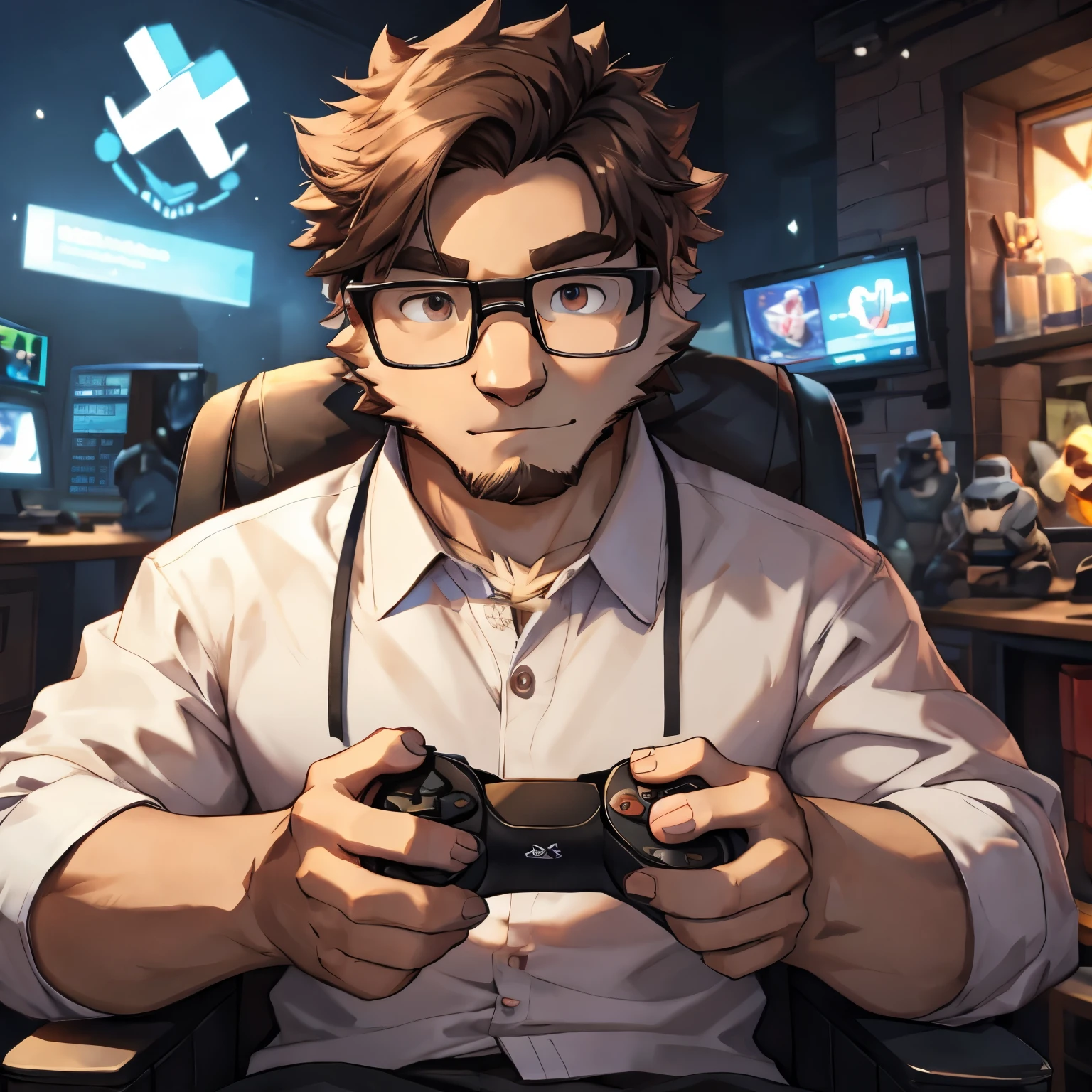A man wearing glasses holding a video game controller with a background full of games