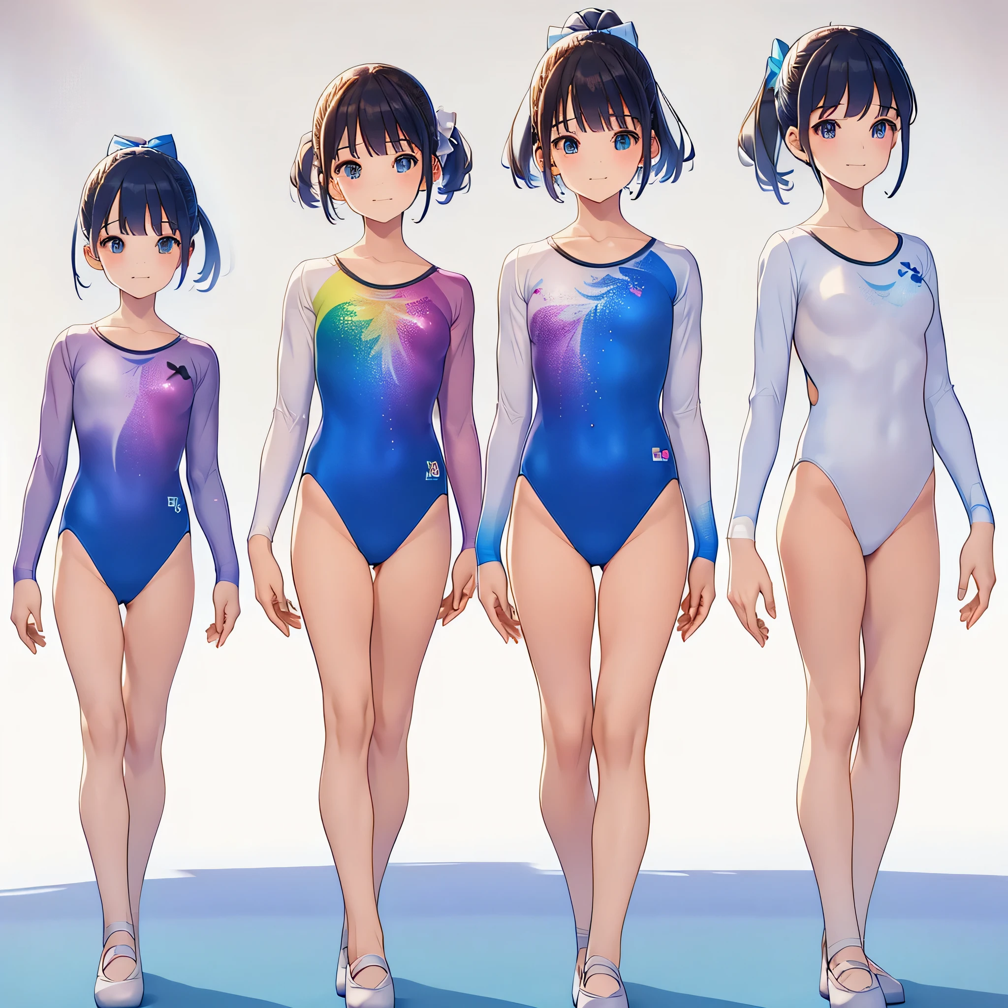 Gymnastics club,(4 girls:1.3),(long sleeves leotard:1.3),(rainbow print leotard:1.3),(white leotard),full body, pony tail, blue ribbon, long hair,(body suit:1.2),(over ************, under 19 years old:1.2), ballet shoes, white background