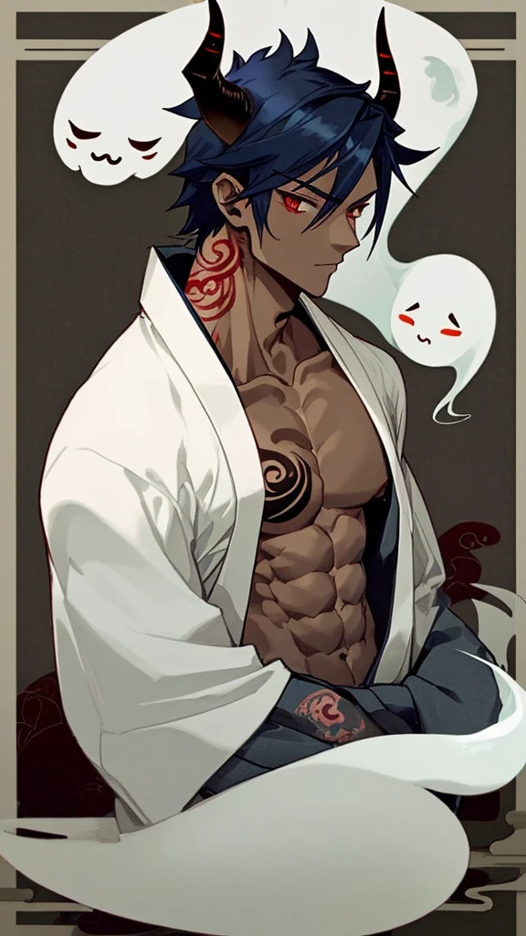 male、ghost、Japanese style tattoos、Slim and muscular、muscle、Unbuttoned、From the side、looking at the camera、Dark skin、Lower body kimono、Horns growing、cool