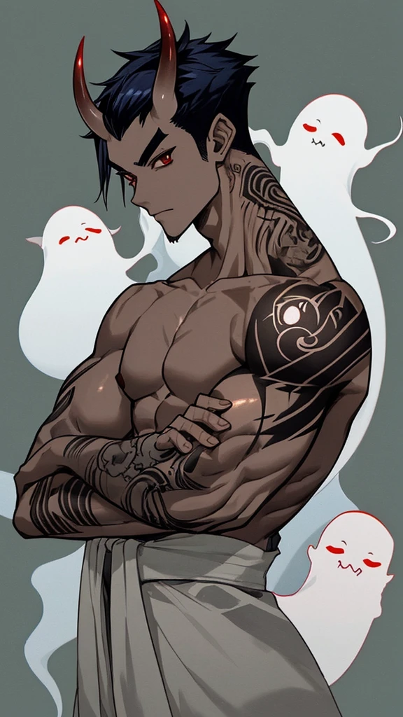 male、ghost、Japanese style tattoos、Slim and muscular、muscle、Unbuttoned、From the side、looking at the camera、Dark skin、Lower body kimono、Horns growing、cool