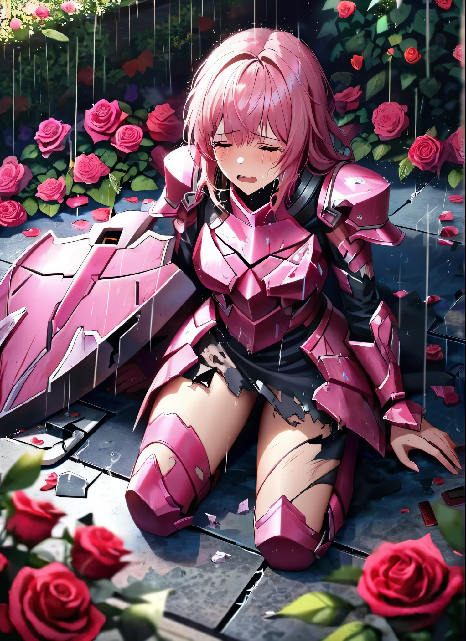 A girl, kneeling in the floor, wearing a ultra shattered and ultra broken cute pink armor,  lot of missing pieces, very damaged armor ,ripped clothes, broken helmet ,broken shield  and broken sword, in tears, sad, dramatic scene, tears flowing in the face, garden, roses, rain, ultra detailed face 
