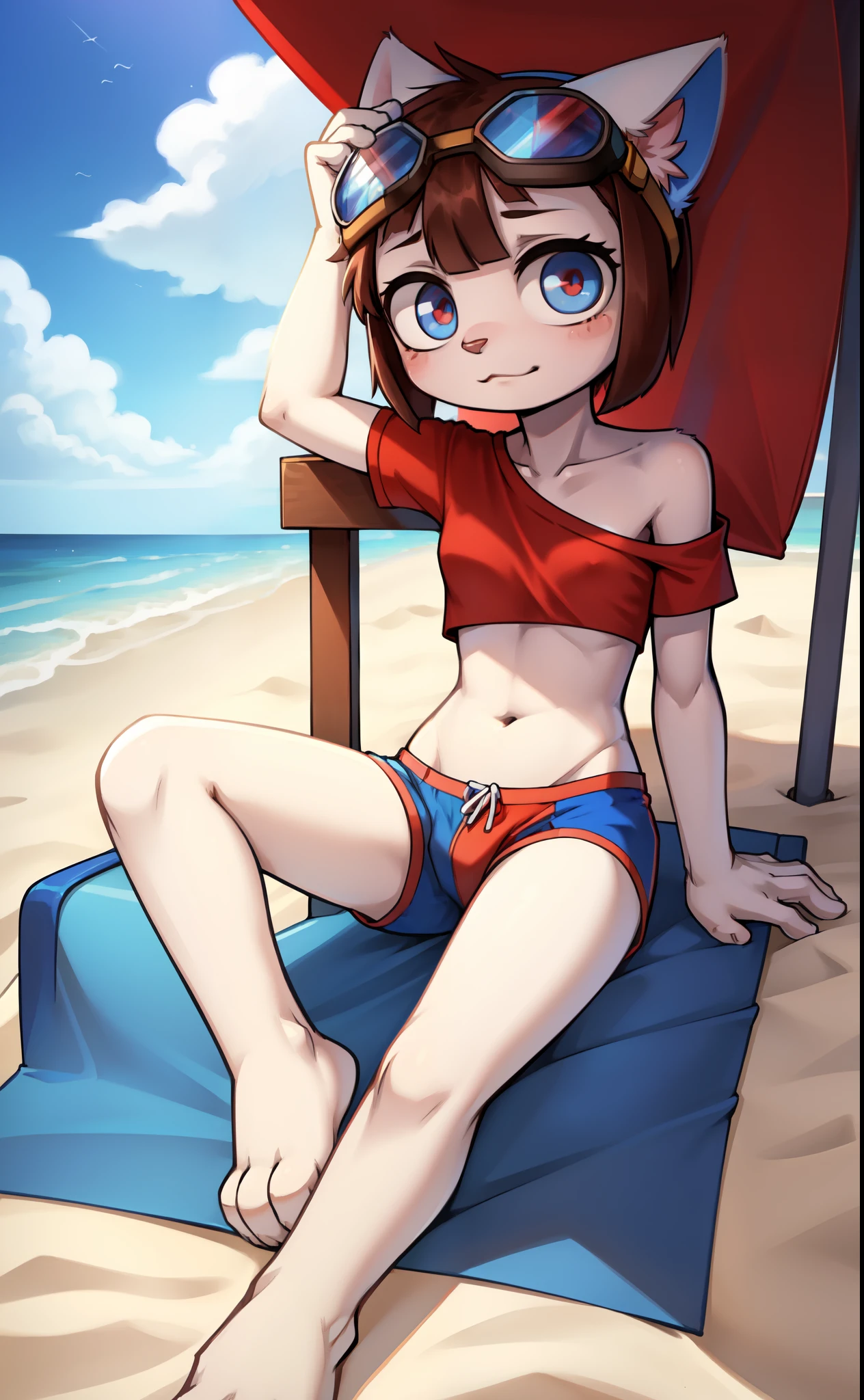 Furry girl, young, cat, pink cheeks, brown hair, short rect hair, rect bangs, small breasts, white body fur, two color eyes, red and blue eyes, detailed body fur, detailed body, detailed face, detailed eyes, skinny, high quality, masterpiece, glistering body, shiny body, ((goggles, red shirt, one shoulder, midriff, blue swim trunks)), black eye shadows, beach, clear sky, :3, sit on beach chair, full body, feets with three toes, 3 toes, skinny,