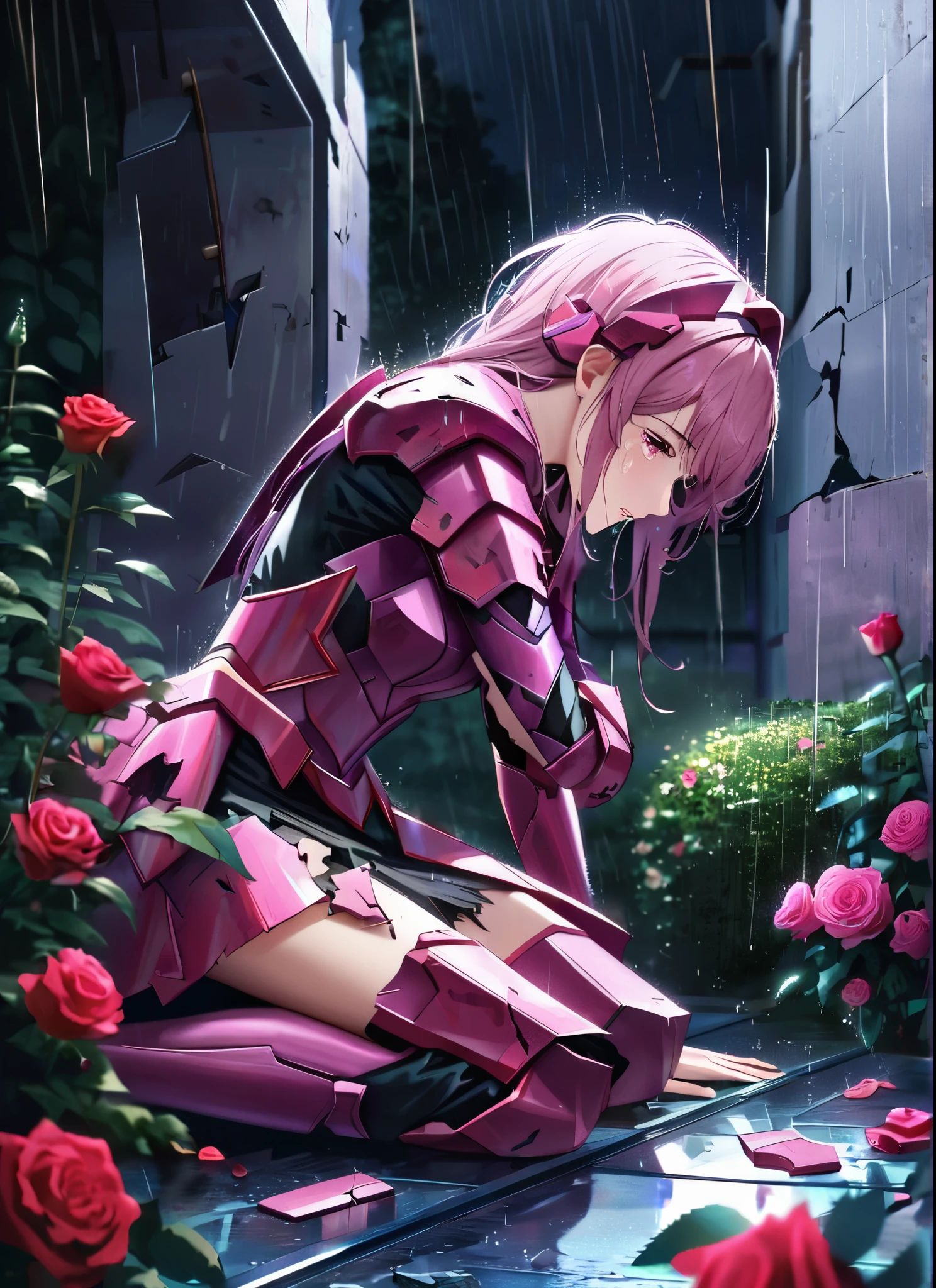 A girl, kneeling in the floor, wearing a ultra shattered and ultra broken cute pink armor, lot of missing pieces, very damaged armor ,ripped clothes, broken helmet ,broken shield and broken sword, in tears, sad, dramatic scene, tears flowing in the face, garden, roses, rain, ultra detailed face