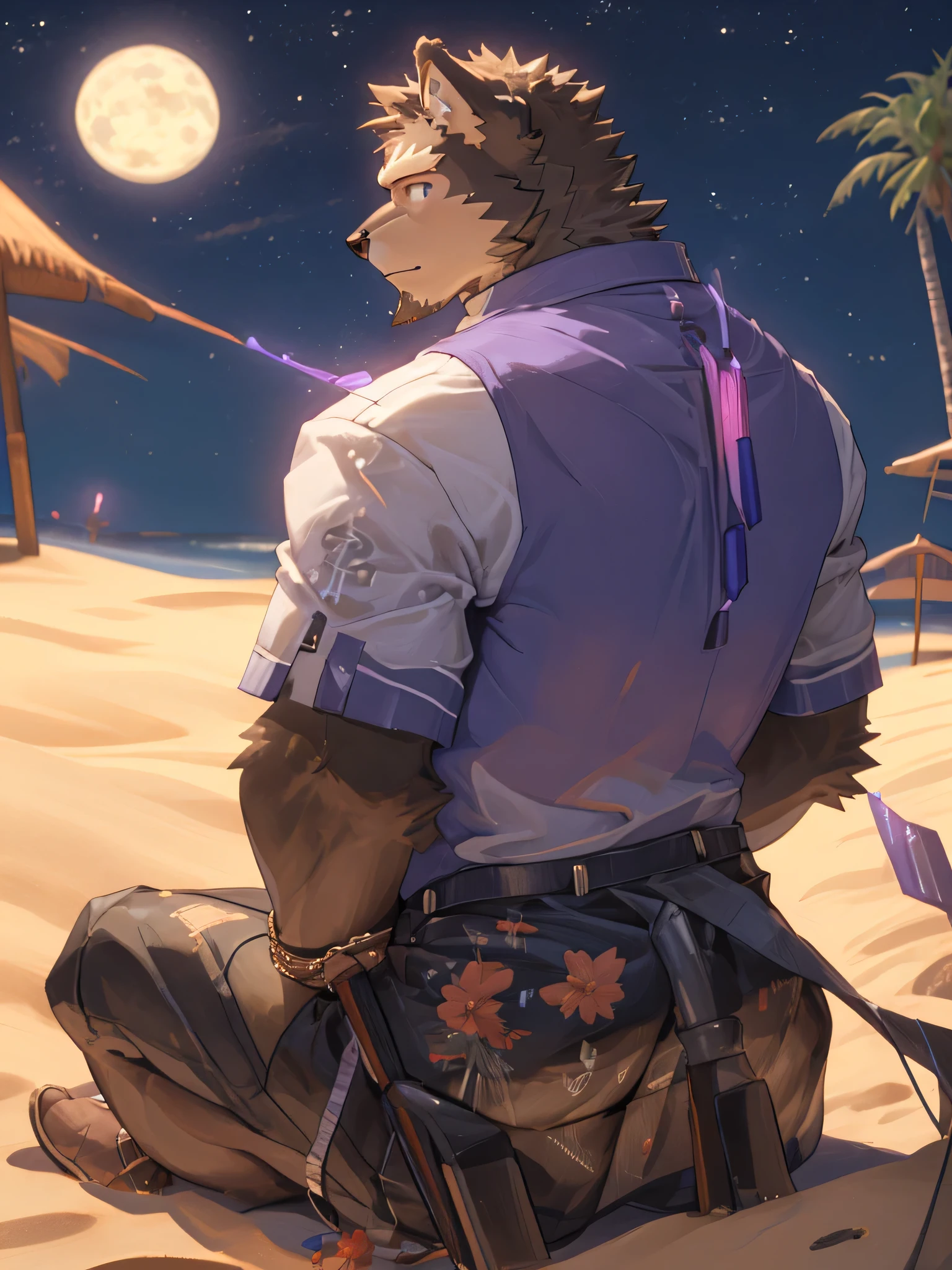 （Beautifully），（Excellent Works），（best quality），german shepherd orc（male），Big muscles，Lilac eyes，Black eyelashes，Lots of hair on the neck，A faint smile，Black short-sleeved T-shirt，Hawaiian shorts，Sitting on the beach，Rear view，Looking at the starry sky at night，（A masterpiece of light and shadow），（Aesthetic）