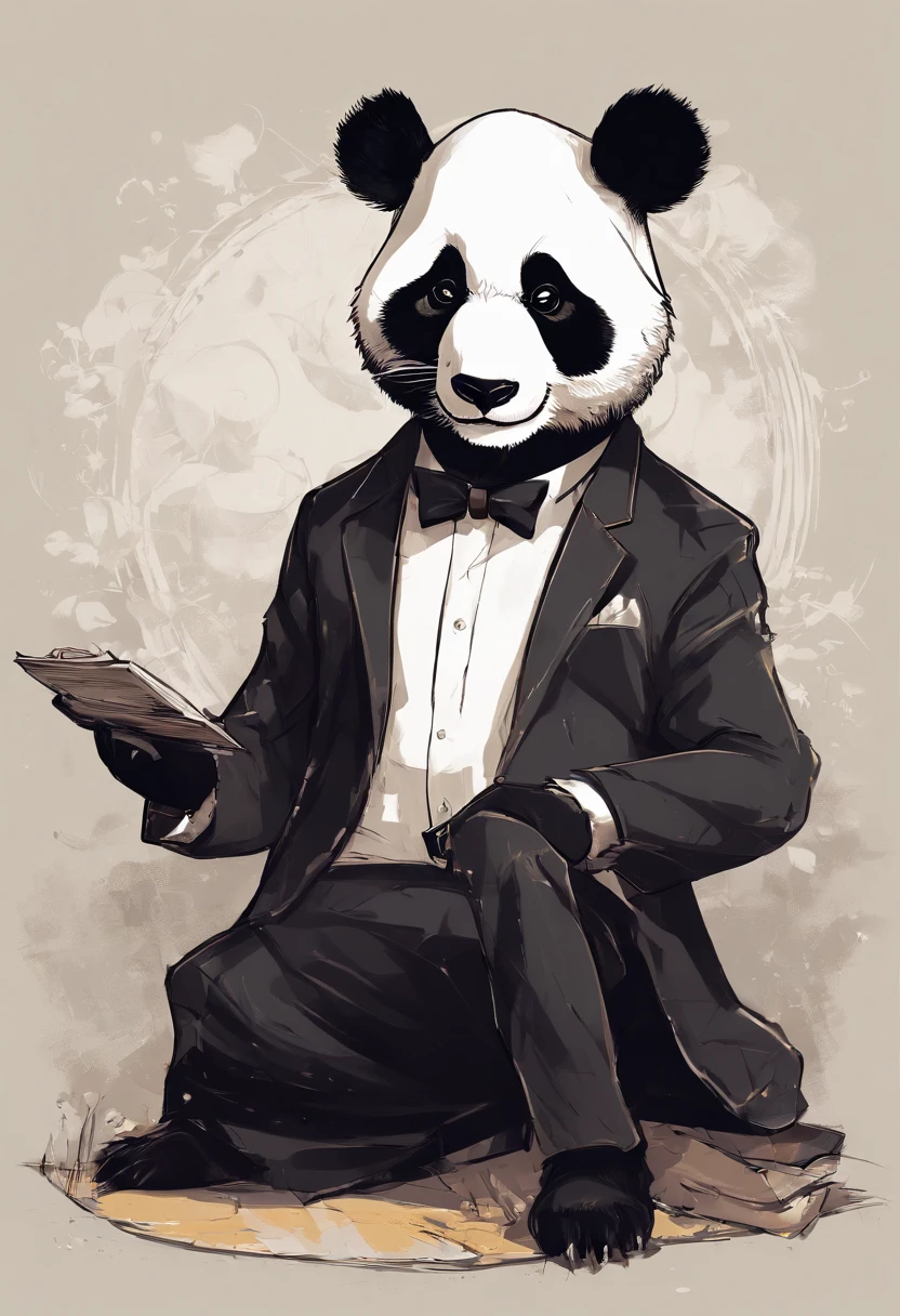 anthropomorphic panda, de cuerpo entero, vestido formalmente con un blazer, sostiene una bandeja, pegatina de panda, sticker de panda.