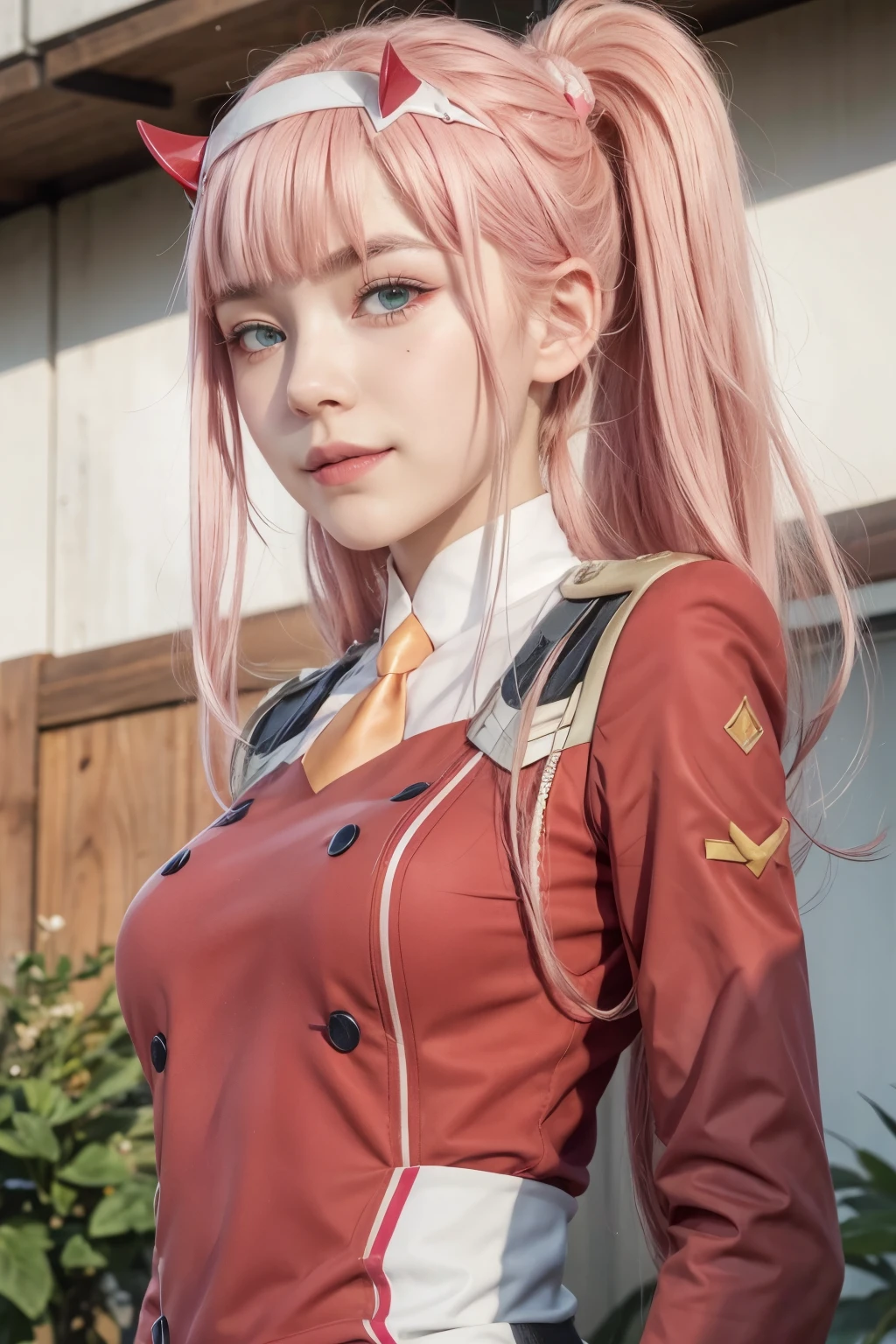 zero two \(darling in the franxx\), horns, 1girl, solo, pink hair, hairband, long hair, smile, white hairband, uniform, necktie, military, military uniform, medium breasts, looking at viewer, breasts, upper body, eyebrows visible through hair, double-breasted, buttons