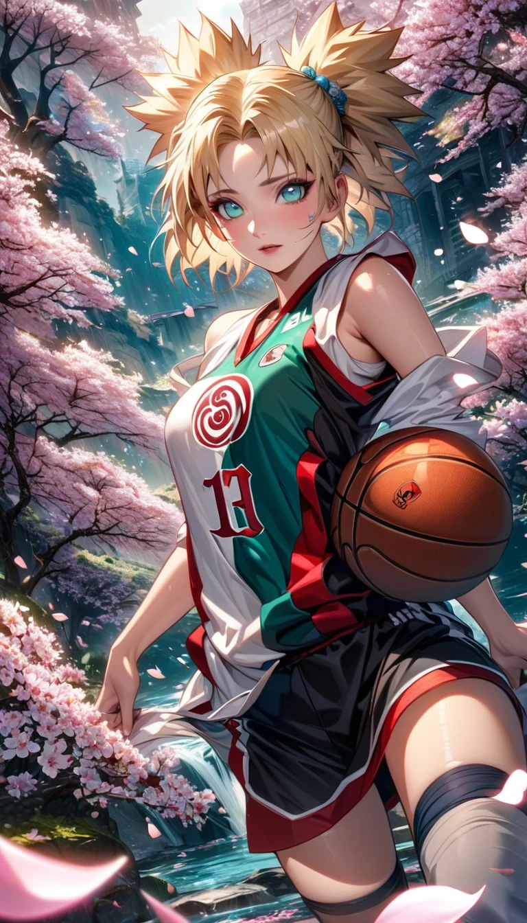 Ultra detailed, Highres, HDR, absurdres, Temari, expressive teal eyes, blond hair, woman, extremely beautiful, Naruto Shippuden, solo, extremely detailed face and eyes, petals, blossoms, spring, master piece, basketball uniform, cherry blossoms, butterflies