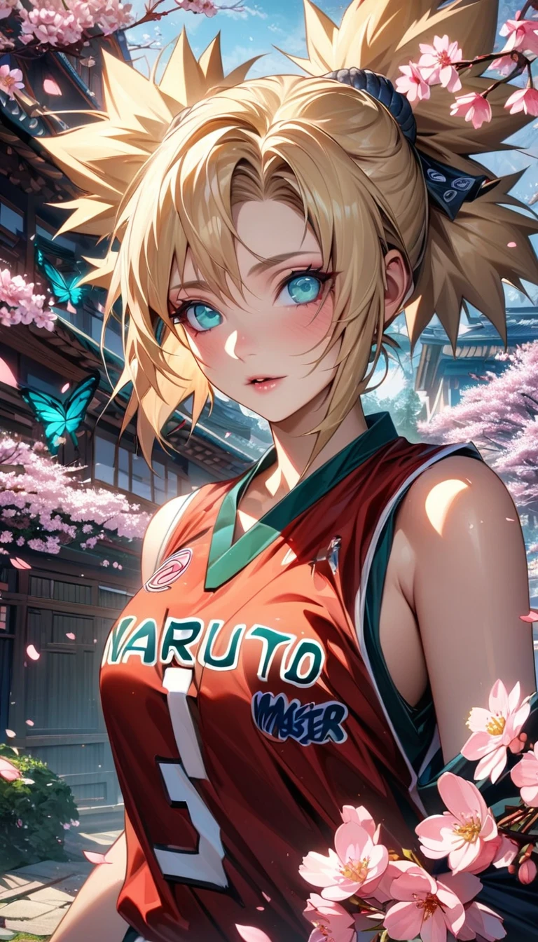 Ultra detailed, Highres, HDR, absurdres, Temari, expressive teal eyes, blond hair, woman, extremely beautiful, Naruto Shippuden, solo, extremely detailed face and eyes, petals, blossoms, spring, master piece, basketball uniform, cherry blossoms, butterflies