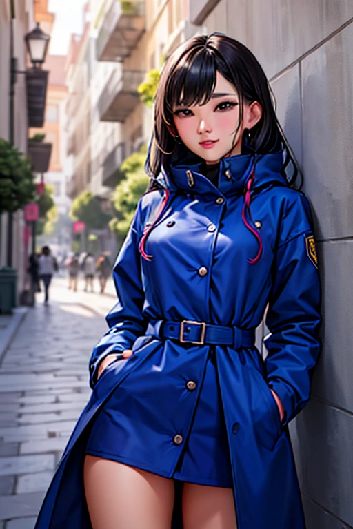 Asian woman in blue coat against wall, Close do rosto, Luz lateral