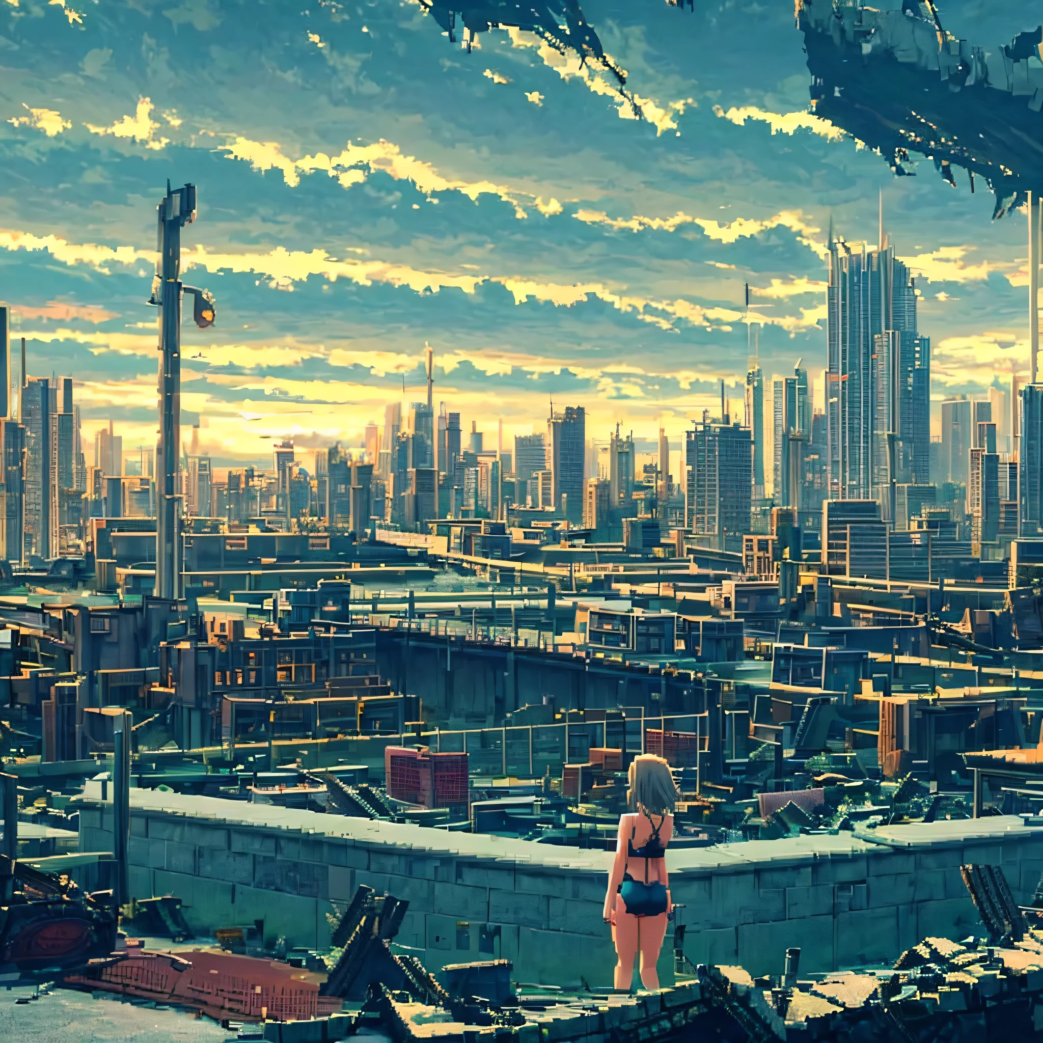 (Girl in a swimsuit walking), towards the dark and destroyed city, with a slight touch of lighting, anime style landscape, slightly destroyed city, low lighting, girl walking in the city, destroyed city, pixel art