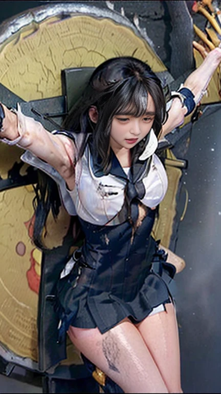 highest quality,masterpiece,Ultra-high resolution, Very detailed, 8k,(Beautiful woman),(一人のBeautiful woman),((Crucifixion:1.5)),(((cross))),(execution),((incontinence)),Scared,torture,slave,((crossにCrucifixionにされた女性:1.5)),Crucifixion刑,((sailor macuri:1.4)),Sailor Warrior Uniforms,White gloves,Blue Skirt,Blue Boots,Large Breasts、((Torn costume:1.5)),((Tearing of clothes:1.5)),(Tattered clothes:1.5),Beaten face,顔にTraces of being beaten,((Bruises on the body)),Body scars,Facial and body injuries,(Bruise, dirty, Torn clothes, Revealing clothing, Blood:1.3),Traces of being beaten,Defeated heroine,A ruined world,Remains,ruins,(Burning at the stake),((Roasted by fire:1.2)),Inflammation,(Inflammationに包まれている),足下にInflammation,Browsing Caution
