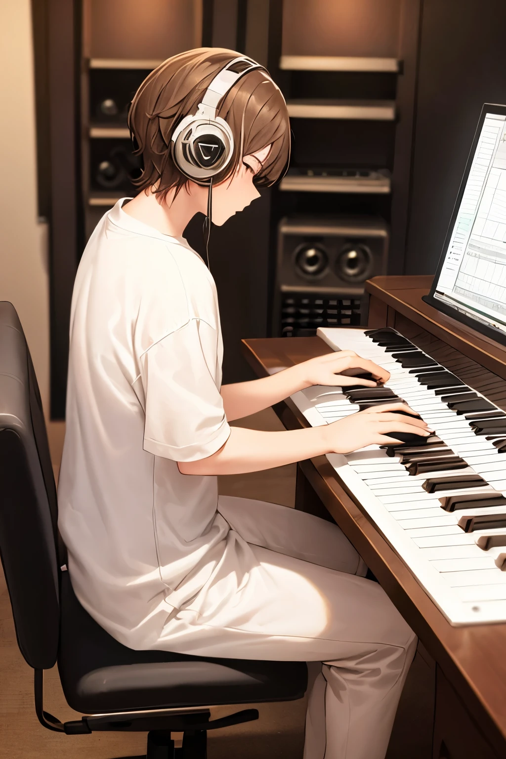 ((highest quality)), ((masterpiece)), (detailed),
A man is sitting backwards on a chair making music in a studio