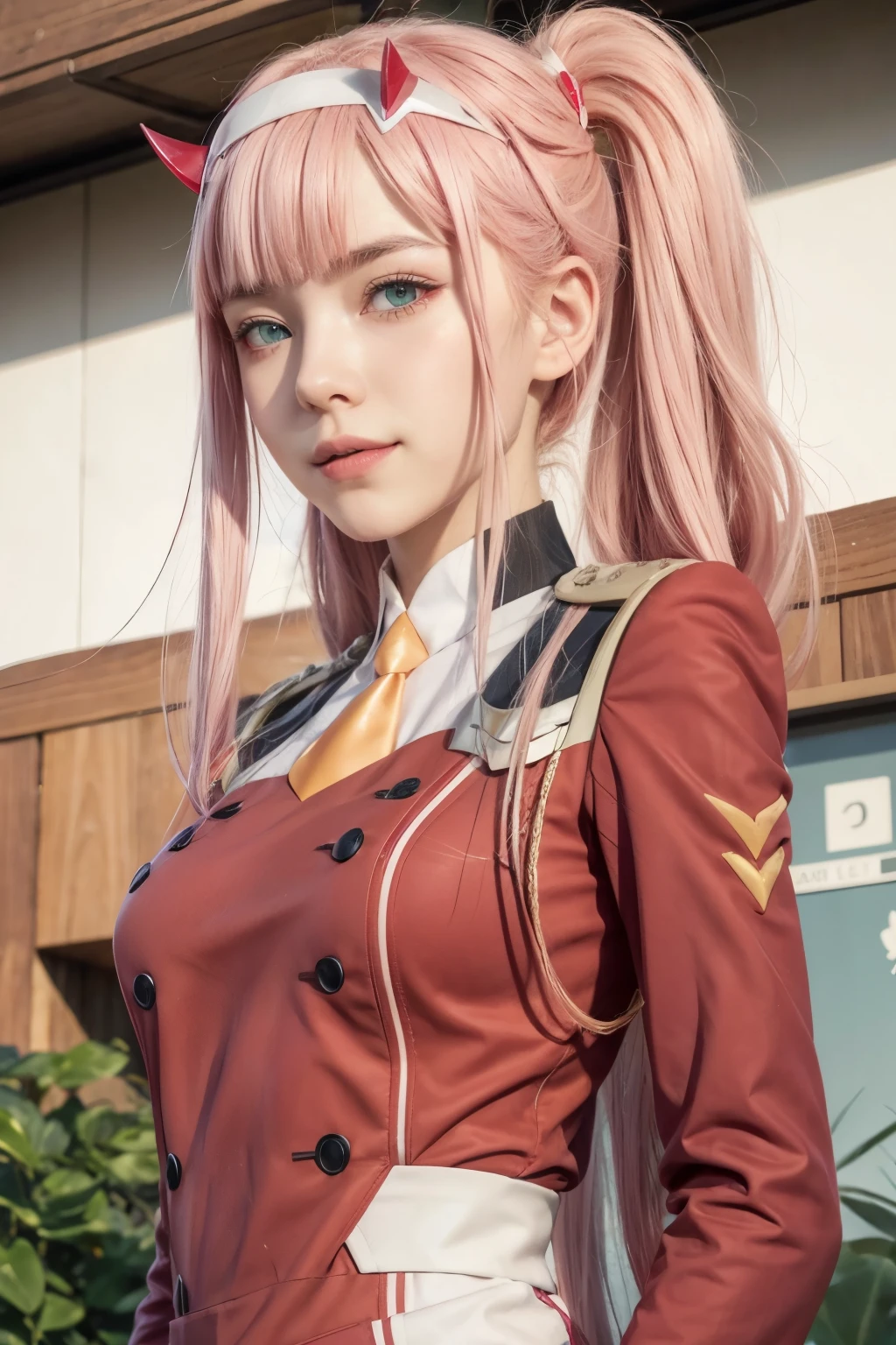 zero two \(darling in the franxx\), horns, 1girl, solo, pink hair, hairband, long hair, smile, white hairband, uniform, necktie, military, military uniform, , looking at viewer, , upper body, eyebrows visible through hair, double-breasted, buttons