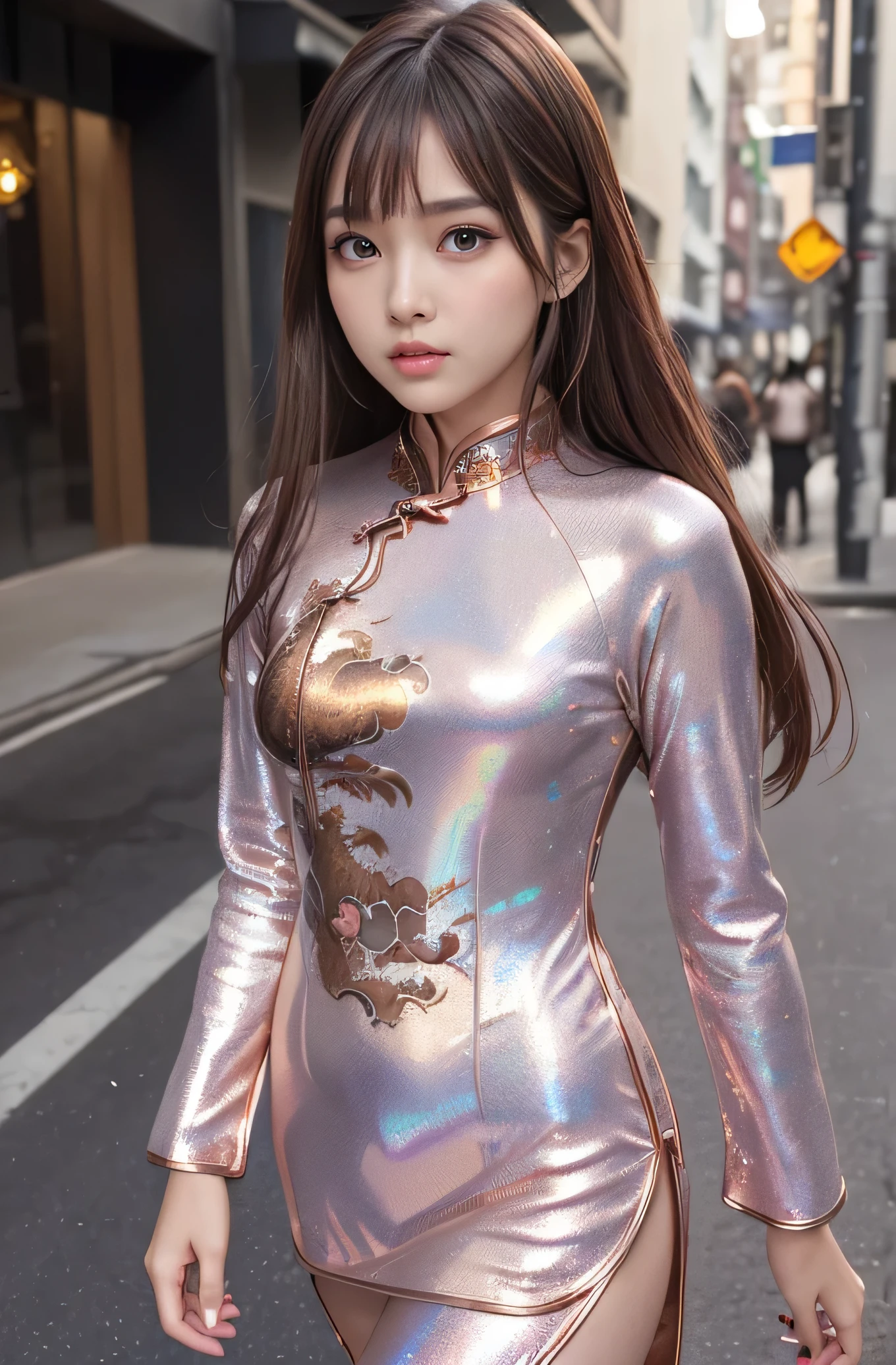 Angelic Very beautiful cute girl,10 yo,
Beautiful detailed eyes,
Detailed double eyelids,
(Large eyes:1.4),
Long straight brown hair,
see-through bangs,
Sharp Focus,small straight nose,
beautiful detailed face and eyes,
drooping eyes,
(Soft Saturation: 1.3), (Fair skin: 1.2),BREAK (Super shiny metallic rose gold holographic long sleeves cheongsam:1.3),
Walking,
Brown hair,
(dragon pattern design cheongsam:1.4) , (costume with strong reflective surfaces:1.5),
Costume lighting,
In the street