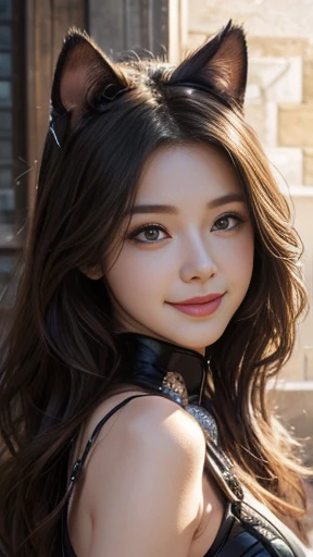 highest quality、masterpiece、Ultra-high resolution、(Realistic:1.4)、Crisp and beautiful image quality、alone、girl、Forehead gem、Machinery Armor、cat ears girl、Third Eye、smile、close your eyes