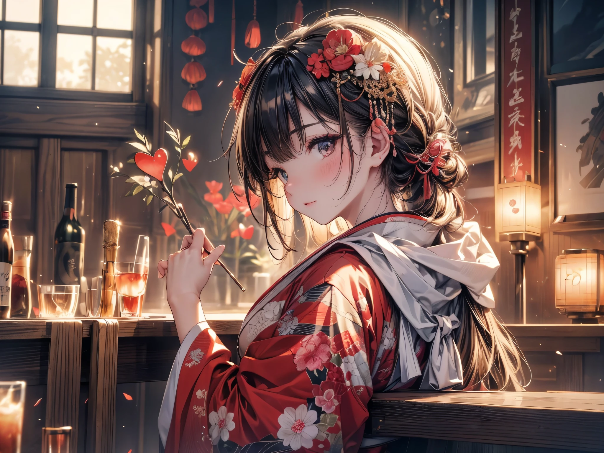 kimono, Heart, (8k, original photo, best quality, masterpiece: 1.2), (Practical: 1.6), (masterpiece), (best quality: 1.0), (Ultra-high resolution: 1.0), detail, 1940s, one, detail beautiful skin, detail room, ,Practical skin