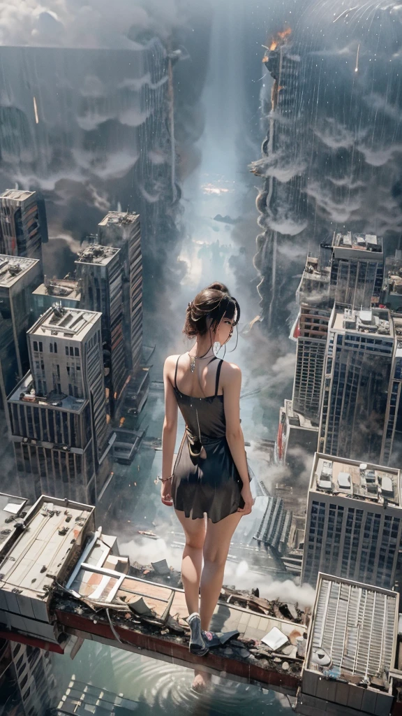 (Realistic:1.0, 16k, High resolution, highest quality, masterpiece, 超High resolution), (((Giantess Elements, Typhoon heavy rain))), From above, Perfect dynamic composition:1.2, (Modern city at night, Expressions of sadness:0.5), Highly detailed skin and facial textures:1.2, (Towering Giant Young Woman:1.0, Higher than skyscrapers:1.0, 65,000 feet tall:1.0, Incredibly slim body:1.0), Fair skin, Sexy beauty, Very beautiful face, , Water droplets on the skin, (The rain drips down on my body:0.5, Wet body:0.5, Wet Hair:0.5), (Wet white linen pants:1.0, Wet sleeveless blouse:1.0), Shapely breasts, Chest gap, Big eyes that exude beautiful eroticism, Lips that exude beautiful eroticism, necklace, Earrings, bracelet, wedding ring, Shoulder bag, clock, ribbon, Full body portrait, ((Destroy a small city, Burning Small City, rubble, Destroyed small building, Collapsed highway, Evacuated Residents)), (Major impact, Emphasizing the majesty and power of giants, Increase the destructive element, Lower the building, Making cities smaller)
