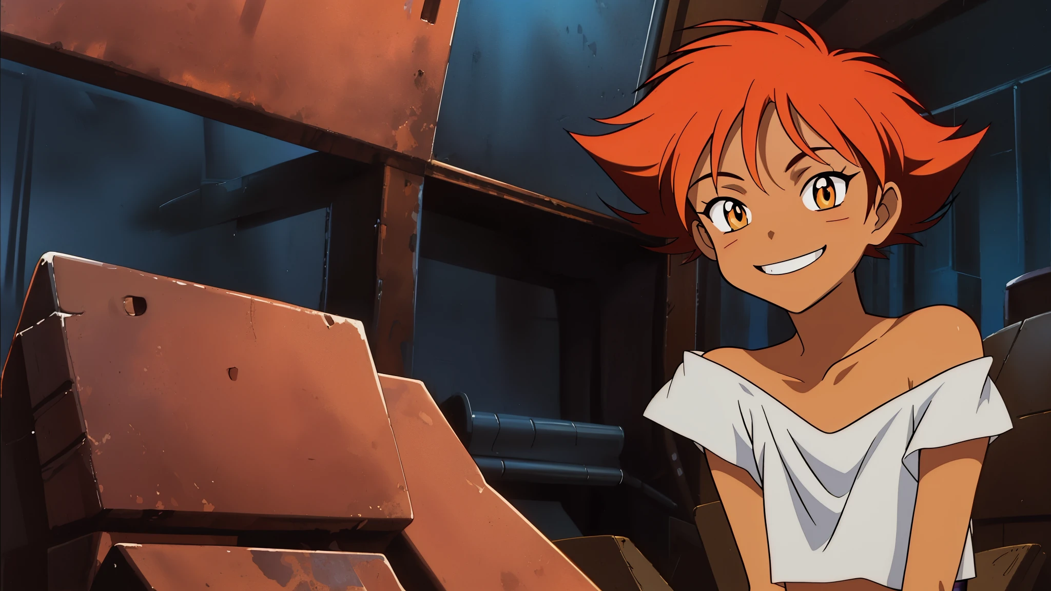 Edward,midriff,orange hair,white shirt,off shoulder,collarbone,tan skin, bike shorts,goggles on forehead, brown eyes, space station,engine room, upper body,sitting,smiling, (insanely detailed, beautiful detailed face, masterpiece, best quality),