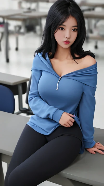 Student Girl,sexy,black hair,big breasts,Wearing a blue long-sleeved, off-the-shoulder hoodie.,Wear short leggings.,sitting on the table in the classroom