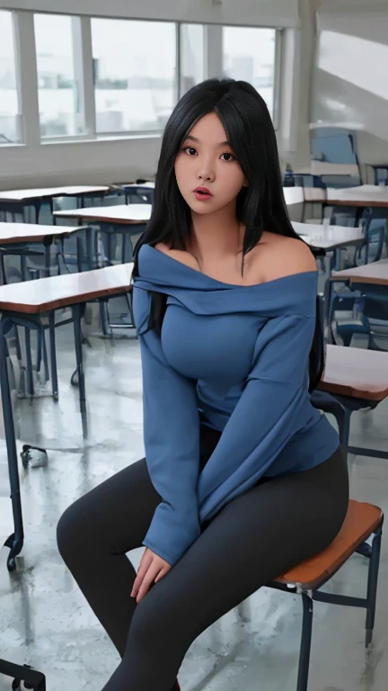 Student Girl,sexy,black hair,big breasts,Wearing a blue long-sleeved, off-the-shoulder hoodie.,Wear short leggings.,sitting on the table in the classroom