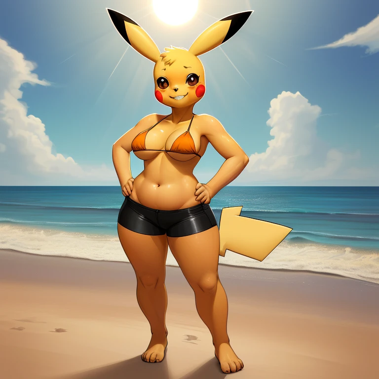 [pikachu], [Uploaded to e621.net; (Pixelsketcher), (napalm_express), (twistedterra), (wamudarws)], ((masterpiece)), ((HD)), ((high res)), ((solo portrait)), ((full body)), ((feet visible)), ((furry; anthro)), ((detailed shading)), ((beautiful render art)), {anthro; yellow fur, black nose, (pointed pikachu ears), (red pikachu cheeks), (female pikachu tail), brown eyes, (medium boobs), (curvy hips), (thick thighs), (beautiful legs), (beautiful feet), (blushing), (smug grin)}, {(orange bikini top), (black spandex shorts)}, {(standing), (hands on hips)}, [Background; (beach), (blue sky), (beautiful ocean), (sun rays), (ambient lighting)]