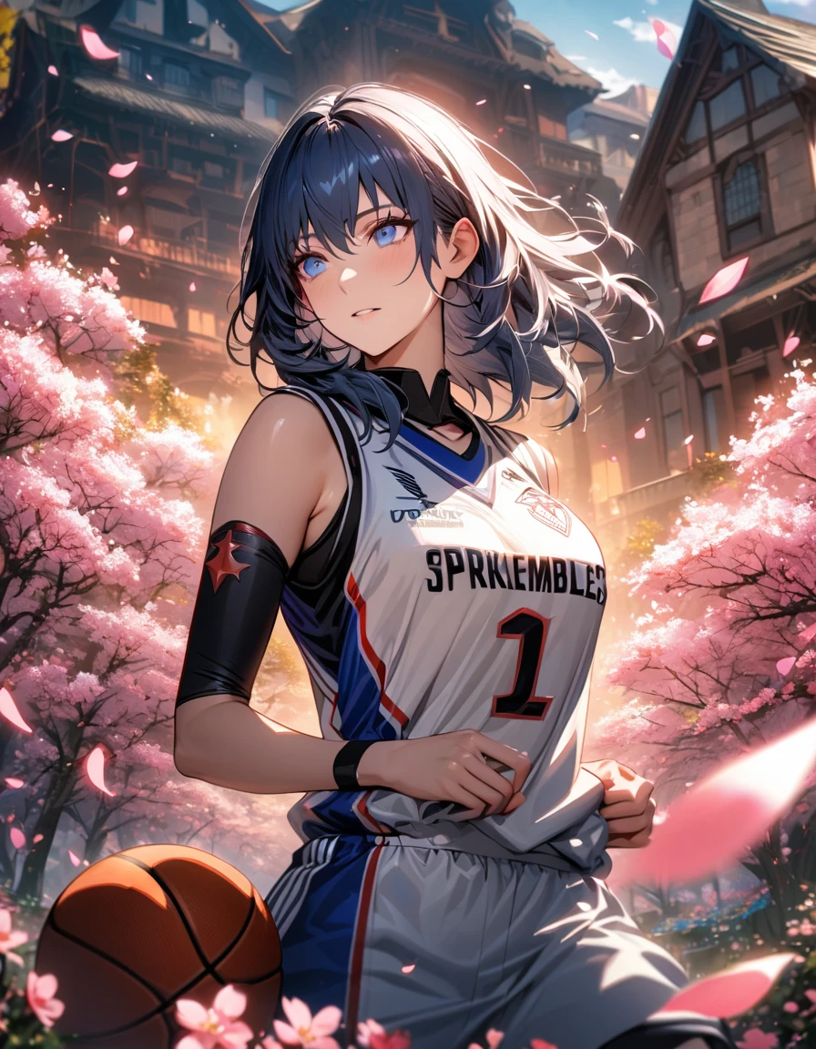 absurdres, highres, ultra detailed, HDR, masterpiece, extremely detailed face and eyes, Byleth, dark blue hair, expressive blue eyes, Fire Emblem Three Houses, solo, woman, extremely beautiful, basketball uniform, spring, pink flowers, blossoms, pink petals