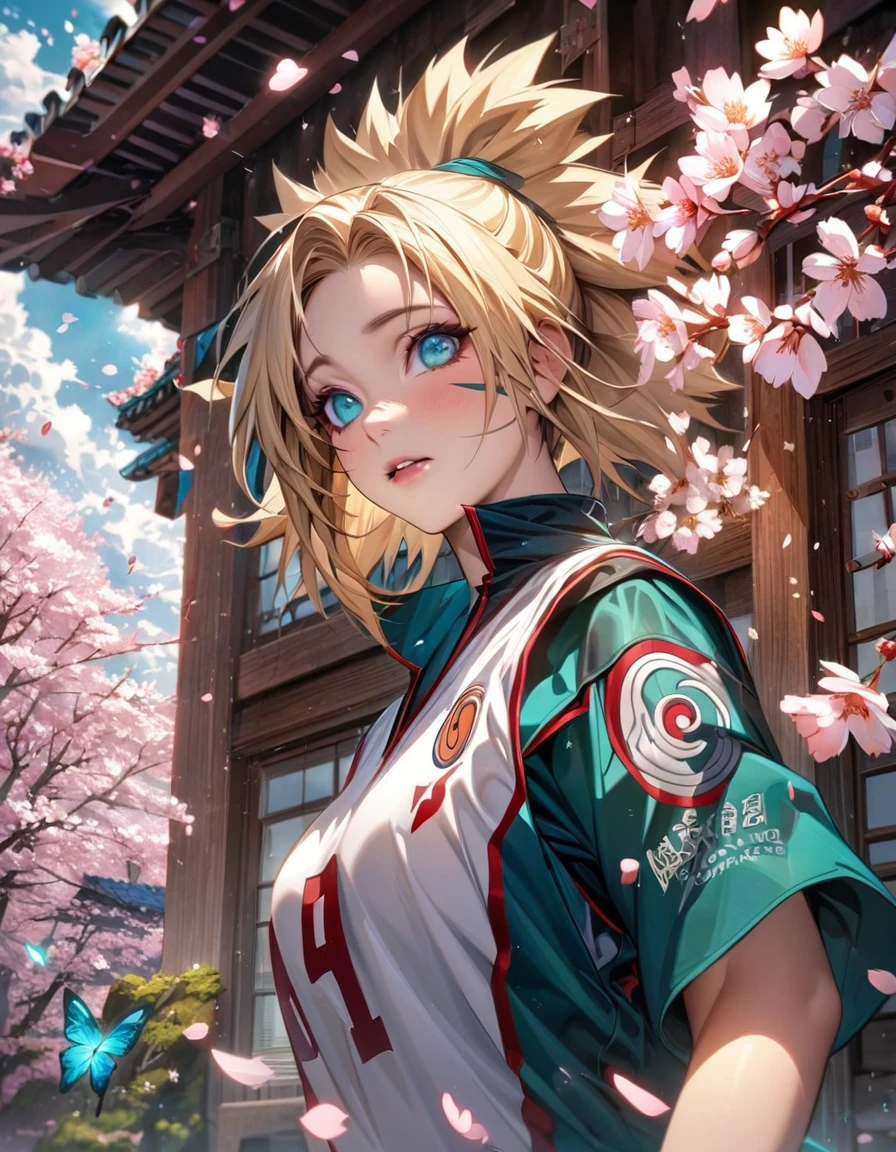 Ultra detailed, Highres, HDR, absurdres, Temari, expressive teal eyes, blond hair, woman, extremely beautiful, Naruto Shippuden, solo, extremely detailed face and eyes, petals, blossoms, spring, master piece, basketball uniform, cherry blossoms, butterflies