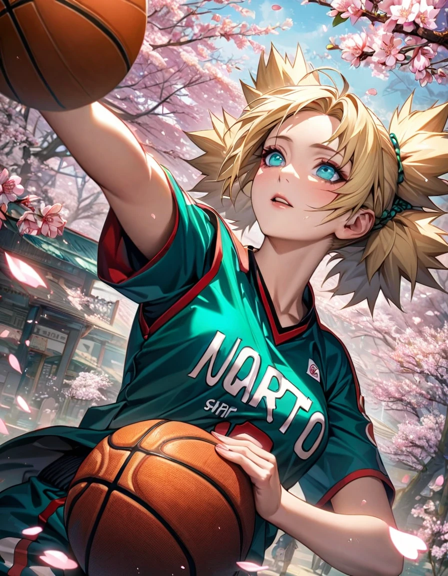 Ultra detailed, Highres, HDR, absurdres, Temari, expressive teal eyes, blond hair, woman, extremely beautiful, Naruto Shippuden, solo, extremely detailed face and eyes, petals, blossoms, spring, master piece, basketball uniform, cherry blossoms, butterflies