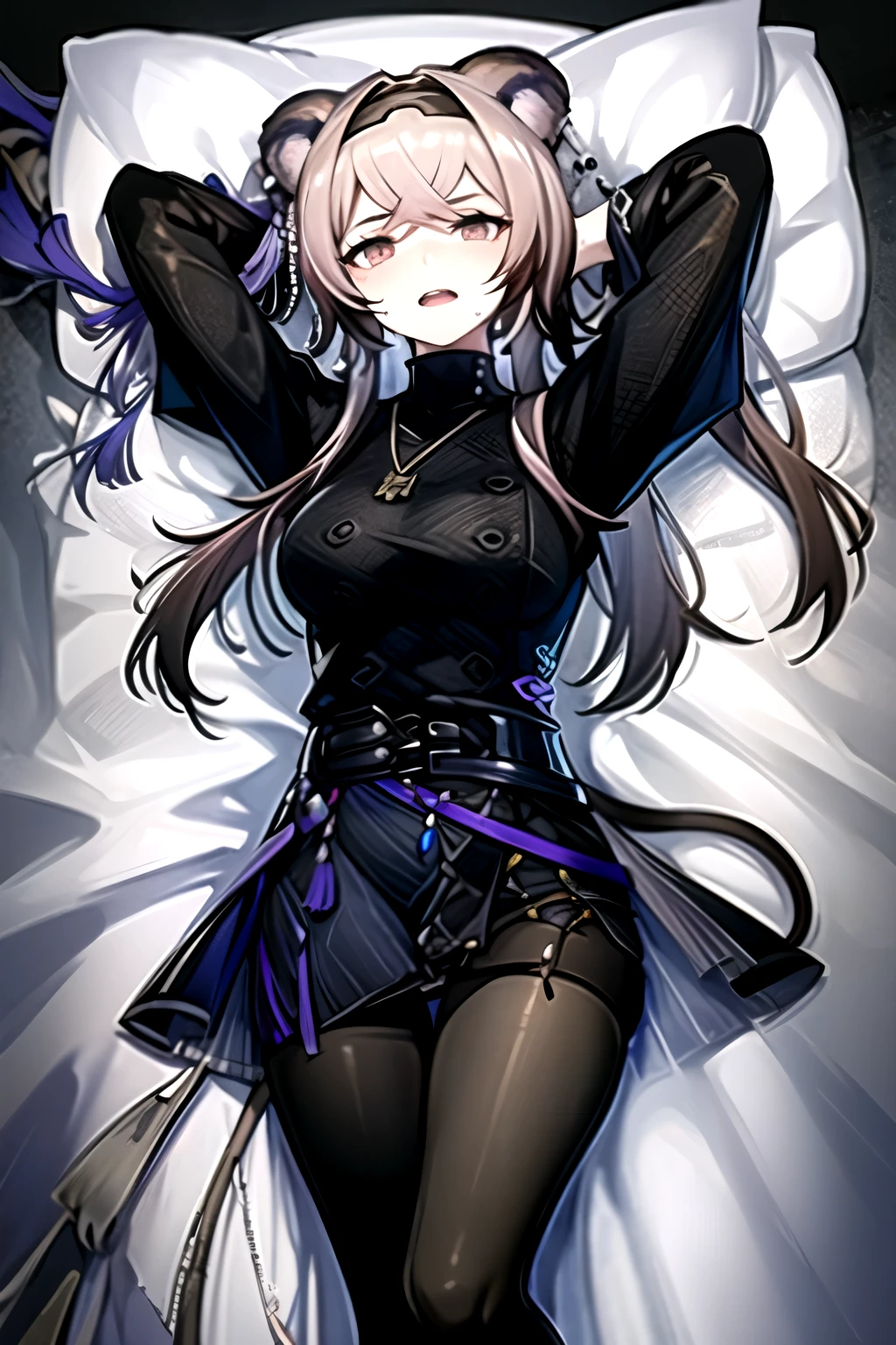 highest quality, masterpiece, High resolution, one person in, {Rin_Arknights:0.90}, 1 girl, black_dress, length_sleeve, looking for_in_Audience, cowboy_shot, ((open mouth)), lying, on back, sheets, on the bed, lying on back, ((arms over head)), ((armup)), scowl, angry, sweat, wide_sleeve, black_pantyhose, formal_alternine_Costumes, underground, Concrete floor, Concrete wall, underground, frown, Thighs together, black tights, Closed legs,
