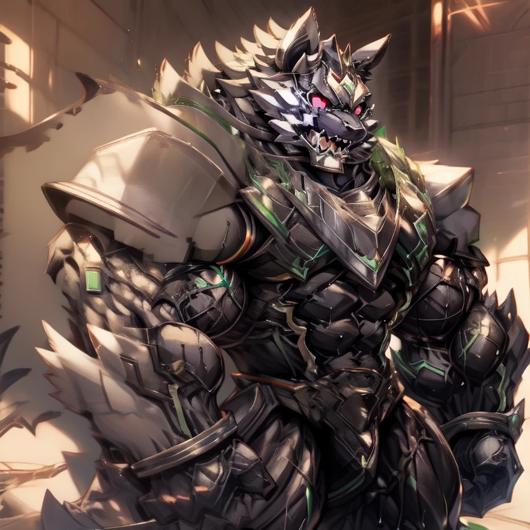 (masterpiece, best quality, detailed:1.2)
(holding 1 sword:1.2), 
solo, fantasy RPG (dark village:1.2), ((full body)),
open mouth, (monomasa), black bodysuit, armor, (rubber material:1.2), (big muscle:1.1), (big pecs:1.1), (thick arms:1.1), (sweaty:1.2), 
highly detailed, anime style, sharp shadows, shaded, soft lighting, (masterpiece:1.3),(best quality:1.4), (extreme detailed illustration), good anatomy, Wearing full plate armor, Its full plate armor emphasizes the muscles. a knight's mechanical armor, glowing wide and heavy armor, big muscle (pecs, triceps, traps) unusually developed muscular body, body full of huge muscles. showing off muscles, pectorales enormes. Exaggeratedly huge muscles. He wears a black cloak on his back. The cloak is so long that it touches the ground, nj5furry,

The claws are sharp, Sharp teeth, futuristic city,