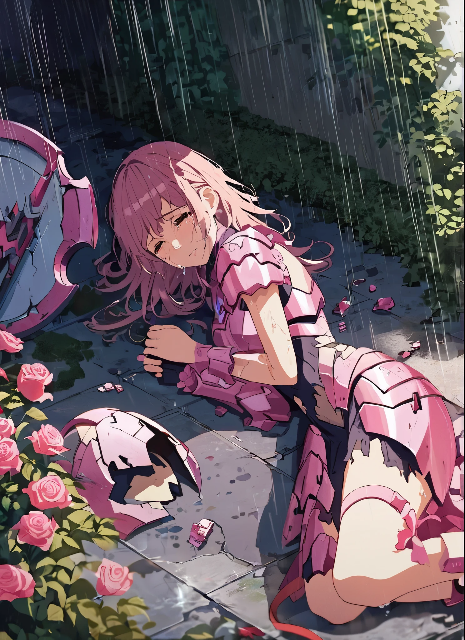 A girl, kneeling in the floor, wearing a ultra shattered and ultra broken cute pink armor, lot of missing pieces, very damaged armor ,ripped clothes, broken helmet ,broken shield and broken sword, in tears, sad, dramatic scene, tears flowing in the face, garden, roses, rain, ultra detailed face
