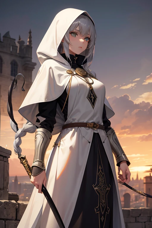 4k,hight resolution,One Woman,cream colored Hair,Longhaire,Green eyes,sister,gray sacred rope,gray sacred armor,Gray hood,Longsword,Medieval cities,the setting sun