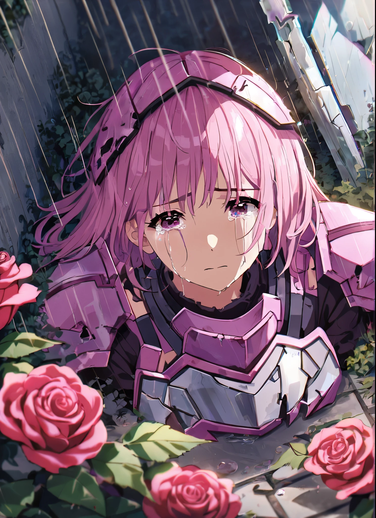 A girl, kneeling in the floor, wearing a ultra shattered and ultra broken cute pink armor,  lot of missing pieces, very damaged armor ,ripped clothes, broken helmet ,broken shield  and broken sword, in tears, sad, dramatic scene, tears flowing in the face, garden, roses, rain, ultra detailed face 