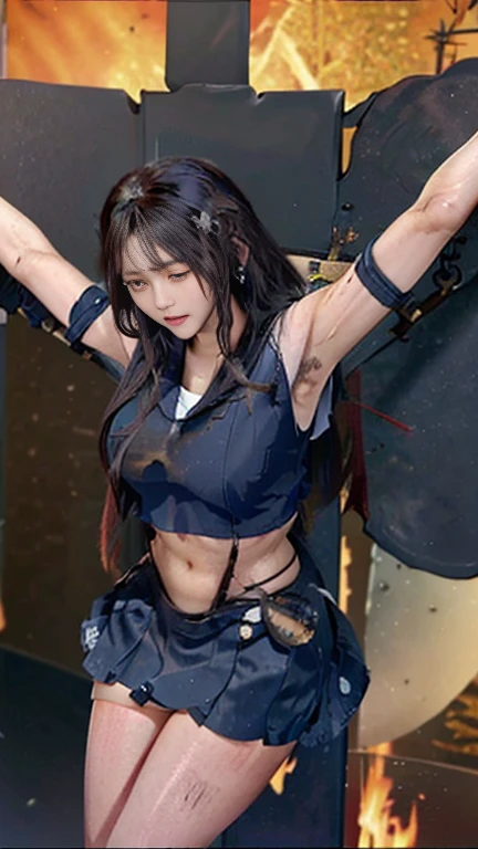 highest quality,masterpiece,Ultra-high resolution, Very detailed, 8k,(Beautiful woman),(一人のBeautiful woman),((Crucifixion:1.5)),(((cross))),(execution),((incontinence)),Scared,torture,slave,((crossにCrucifixionにされた女性:1.5)),Crucifixion刑,((sailor macuri:1.4)),Sailor Warrior Uniforms,White gloves,Blue Skirt,Blue Boots,Large Breasts、((Torn costume:1.5)),((Tearing of clothes:1.5)),(Tattered clothes:1.5),Beaten face,顔にTraces of being beaten,((Bruises on the body)),Body scars,Facial and body injuries,(Bruise, dirty, Torn clothes, Revealing clothing, Blood:1.3),Traces of being beaten,Defeated heroine,A ruined world,Remains,ruins,(Burning at the stake),((Roasted by fire:1.2)),Inflammation,(Inflammationに包まれている),足下にInflammation,Browsing Caution
