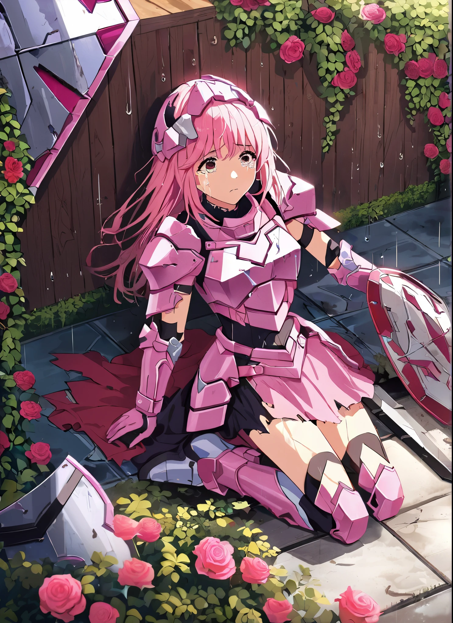 A girl, kneeling in the floor, wearing a ultra shattered and ultra broken cute pink armor, lot of missing pieces, very damaged armor ,ripped clothes, broken helmet ,broken shield and broken sword, in tears, sad, dramatic scene, tears flowing in the face, garden, roses, rain, ultra detailed face