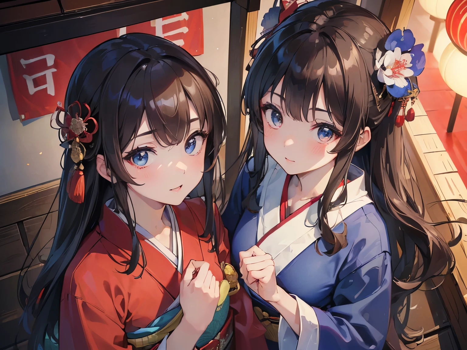 ((Best quality, 8k, Masterpiece: 1.3)), Highly detailed face and skin texture, Detailed eyes, traditional Japanese kimono, blue kimono, long-sleeved kimono, brown hair, long hair, kanzashi, from above, at a shrine in Kyoto