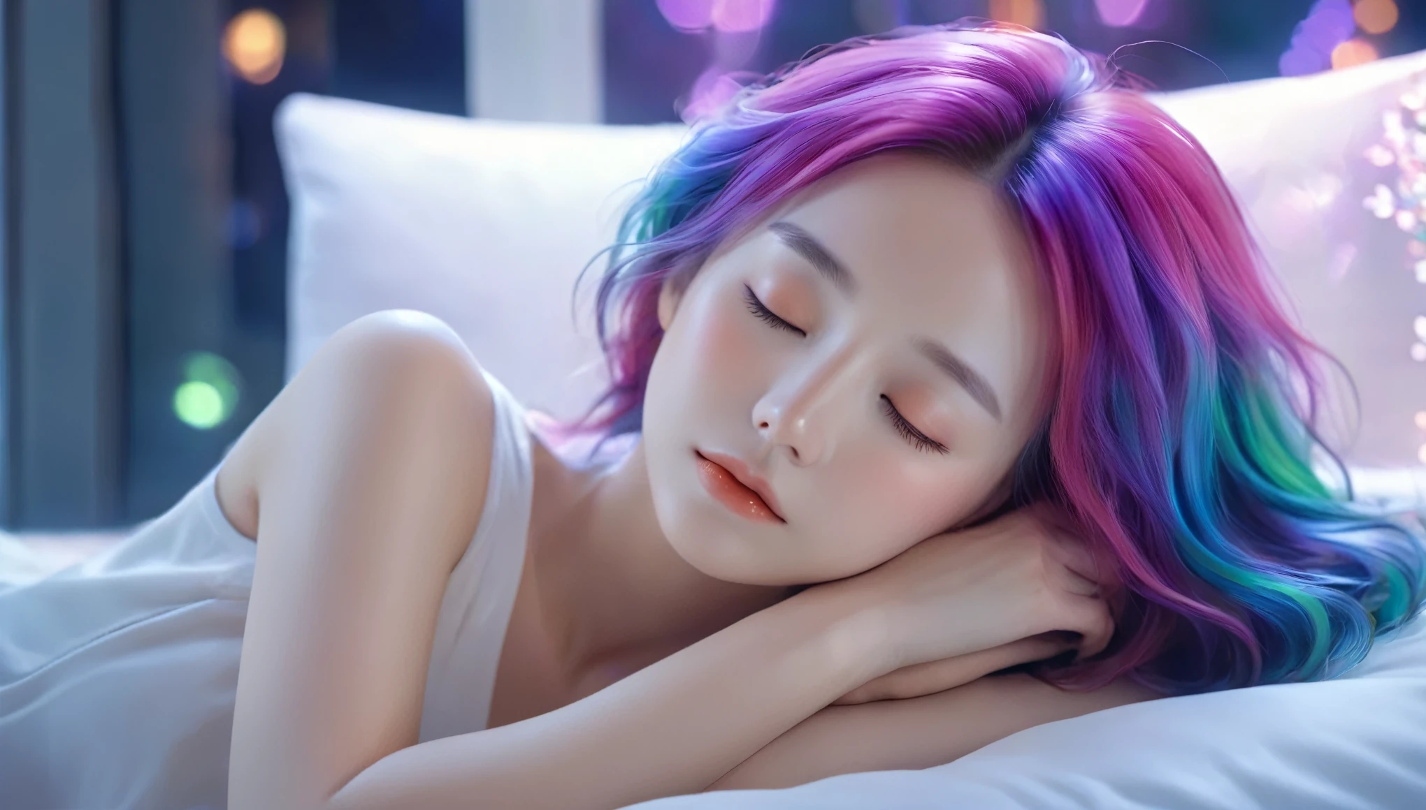 (best quality,8k,ultra-detailed:1.2),(CG,CG art,3D rendering),(masterpiece:1.2),(movie lighting,futuristic),(woman lying in bed,sleeping,closed eyes),(large window behind her,tranquil night),(colorful hair:1.5)