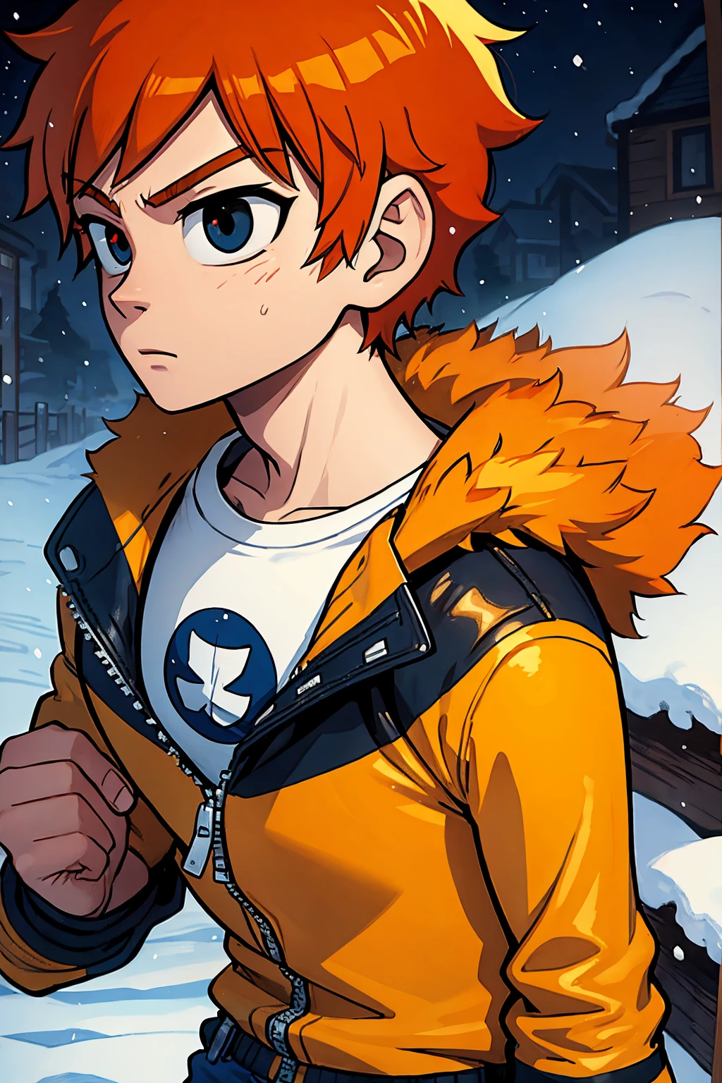 Scott Pilgrim Takes Off A boy Scott Pilgrim Orange hair shirt jacket big eyes Canada Standing alone in the snow