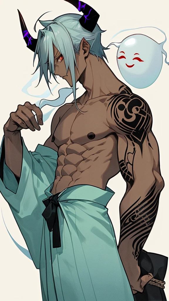 male、ghost、Japanese style tattoos、Slim and muscular、muscle、Unbuttoned、From the side、looking at the camera、Dark skin、Only the lower half of the body is kimono、Horns growing、Topless